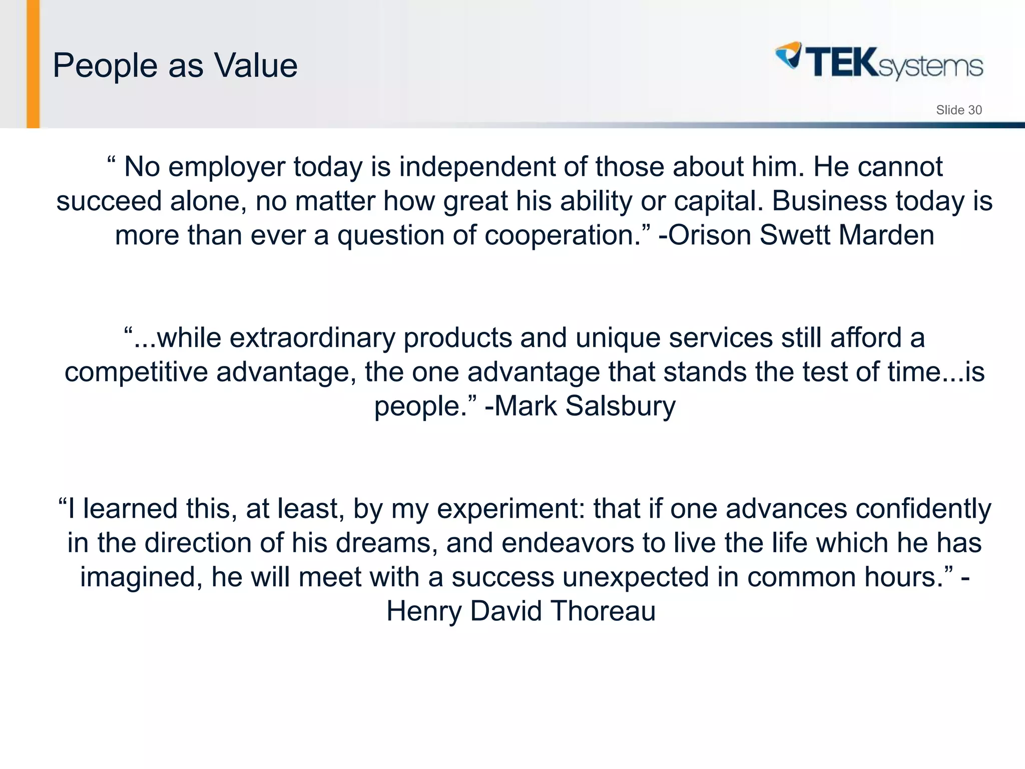 Slide 30
People as Value
“ No employer today is independent of those about him. He cannot
succeed alone, no matter how great his ability or capital. Business today is
more than ever a question of cooperation.” -Orison Swett Marden
“...while extraordinary products and unique services still afford a
competitive advantage, the one advantage that stands the test of time...is
people.” -Mark Salsbury
“I learned this, at least, by my experiment: that if one advances confidently
in the direction of his dreams, and endeavors to live the life which he has
imagined, he will meet with a success unexpected in common hours.” -
Henry David Thoreau
 