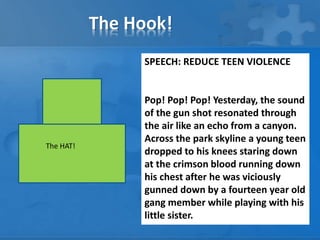 The Hook! 
SPEECH: REDUCE TEEN VIOLENCE 
Pop! Pop! Pop! Yesterday, the sound 
of the gun shot resonated through 
the air like an echo from a canyon. 
Across the park skyline a young teen 
dropped to his knees staring down 
at the crimson blood running down 
his chest after he was viciously 
gunned down by a fourteen year old 
gang member while playing with his 
little sister. 
The HAT! 
 
