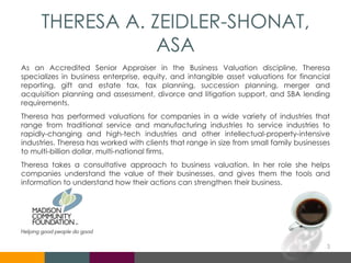 THERESA A. ZEIDLER-SHONAT,
ASA
As an Accredited Senior Appraiser in the Business Valuation discipline, Theresa
specializes in business enterprise, equity, and intangible asset valuations for financial
reporting, gift and estate tax, tax planning, succession planning, merger and
acquisition planning and assessment, divorce and litigation support, and SBA lending
requirements.
Theresa has performed valuations for companies in a wide variety of industries that
range from traditional service and manufacturing industries to service industries to
rapidly-changing and high-tech industries and other intellectual-property-intensive
industries. Theresa has worked with clients that range in size from small family businesses
to multi-billion dollar, multi-national firms.
Theresa takes a consultative approach to business valuation. In her role she helps
companies understand the value of their businesses, and gives them the tools and
information to understand how their actions can strengthen their business.
3
 