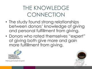 THE KNOWLEDGE
CONNECTION
• The study found strong relationships
between donors’ knowledge of giving
and personal fulfillment from giving.
• Donors who rated themselves “expert”
at giving both give more and gain
more fulfillment from giving.
34
 
