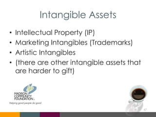Intangible Assets
• Intellectual Property (IP)
• Marketing Intangibles (Trademarks)
• Artistic Intangibles
• (there are other intangible assets that
are harder to gift)
67
 
