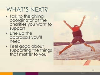 WHAT’S NEXT?
• Talk to the giving
coordinator at the
charities you want to
support
• Line up the
appraisals you’ll
need
• Feel good about
supporting the things
that matter to you
88
 