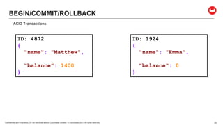 Confidential and Proprietary. Do not distribute without Couchbase consent. © Couchbase 2021. All rights reserved. 20
BEGIN/COMMIT/ROLLBACK
ACID Transactions
ID: 1924
{
"name": "Emma",
"balance": 0
}
ID: 4872
{
"name": "Matthew",
"balance": 1400
}
 