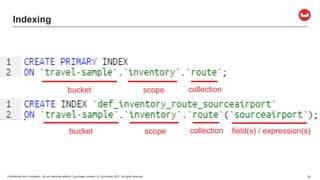 Confidential and Proprietary. Do not distribute without Couchbase consent. © Couchbase 2021. All rights reserved. 22
Indexing
bucket scope collection
bucket scope collection field(s) / expression(s)
 