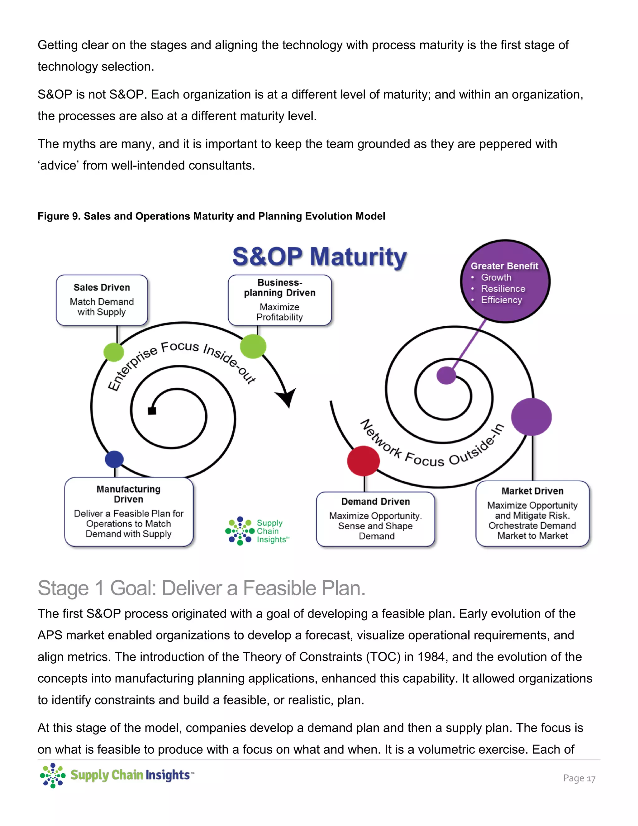 Page 17
Getting clear on the stages and aligning the technology with process maturity is the first stage of
technology selection.
S&OP is not S&OP. Each organization is at a different level of maturity; and within an organization,
the processes are also at a different maturity level.
The myths are many, and it is important to keep the team grounded as they are peppered with
‘advice’ from well-intended consultants.
Figure 9. Sales and Operations Maturity and Planning Evolution Model
Stage 1 Goal: Deliver a Feasible Plan.
The first S&OP process originated with a goal of developing a feasible plan. Early evolution of the
APS market enabled organizations to develop a forecast, visualize operational requirements, and
align metrics. The introduction of the Theory of Constraints (TOC) in 1984, and the evolution of the
concepts into manufacturing planning applications, enhanced this capability. It allowed organizations
to identify constraints and build a feasible, or realistic, plan.
At this stage of the model, companies develop a demand plan and then a supply plan. The focus is
on what is feasible to produce with a focus on what and when. It is a volumetric exercise. Each of
 