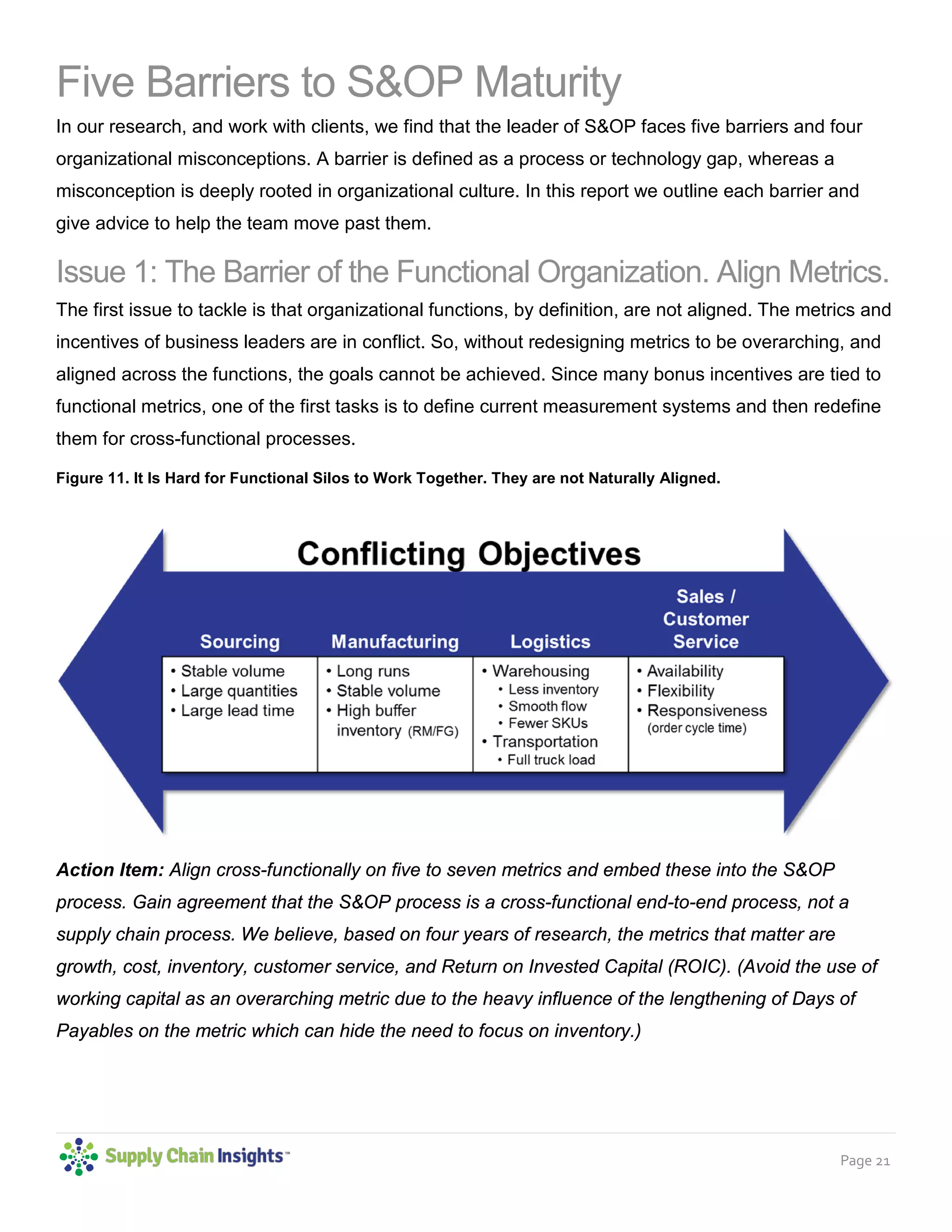 Page 21
Five Barriers to S&OP Maturity
In our research, and work with clients, we find that the leader of S&OP faces five barriers and four
organizational misconceptions. A barrier is defined as a process or technology gap, whereas a
misconception is deeply rooted in organizational culture. In this report we outline each barrier and
give advice to help the team move past them.
Issue 1: The Barrier of the Functional Organization. Align Metrics.
The first issue to tackle is that organizational functions, by definition, are not aligned. The metrics and
incentives of business leaders are in conflict. So, without redesigning metrics to be overarching, and
aligned across the functions, the goals cannot be achieved. Since many bonus incentives are tied to
functional metrics, one of the first tasks is to define current measurement systems and then redefine
them for cross-functional processes.
Figure 11. It Is Hard for Functional Silos to Work Together. They are not Naturally Aligned.
Action Item: Align cross-functionally on five to seven metrics and embed these into the S&OP
process. Gain agreement that the S&OP process is a cross-functional end-to-end process, not a
supply chain process. We believe, based on four years of research, the metrics that matter are
growth, cost, inventory, customer service, and Return on Invested Capital (ROIC). (Avoid the use of
working capital as an overarching metric due to the heavy influence of the lengthening of Days of
Payables on the metric which can hide the need to focus on inventory.)
 