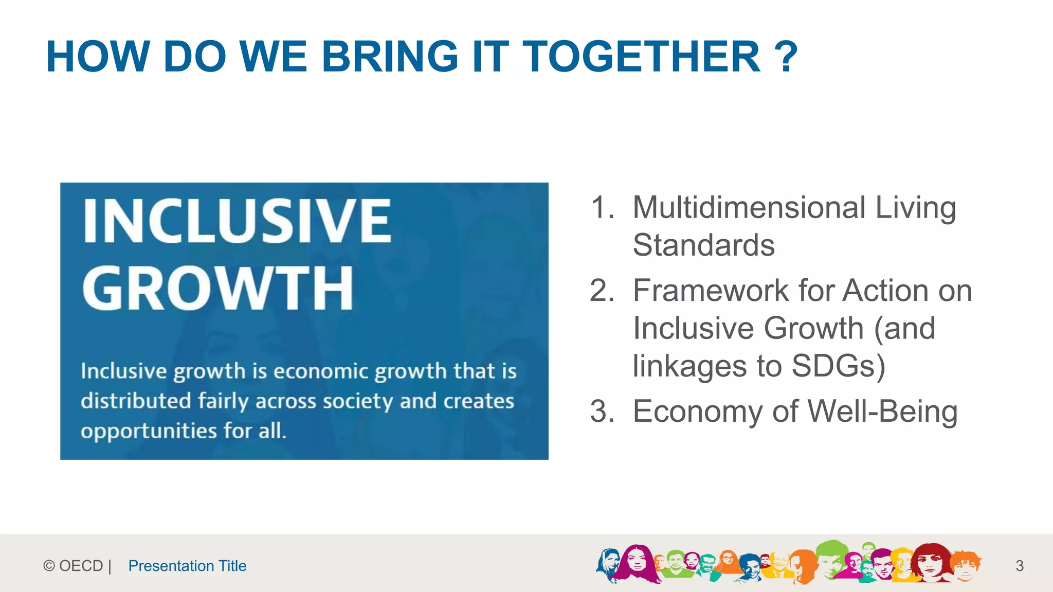 © OECD |
HOW DO WE BRING IT TOGETHER ?
1. Multidimensional Living
Standards
2. Framework for Action on
Inclusive Growth (and
linkages to SDGs)
3. Economy of Well-Being
3Presentation Title
 