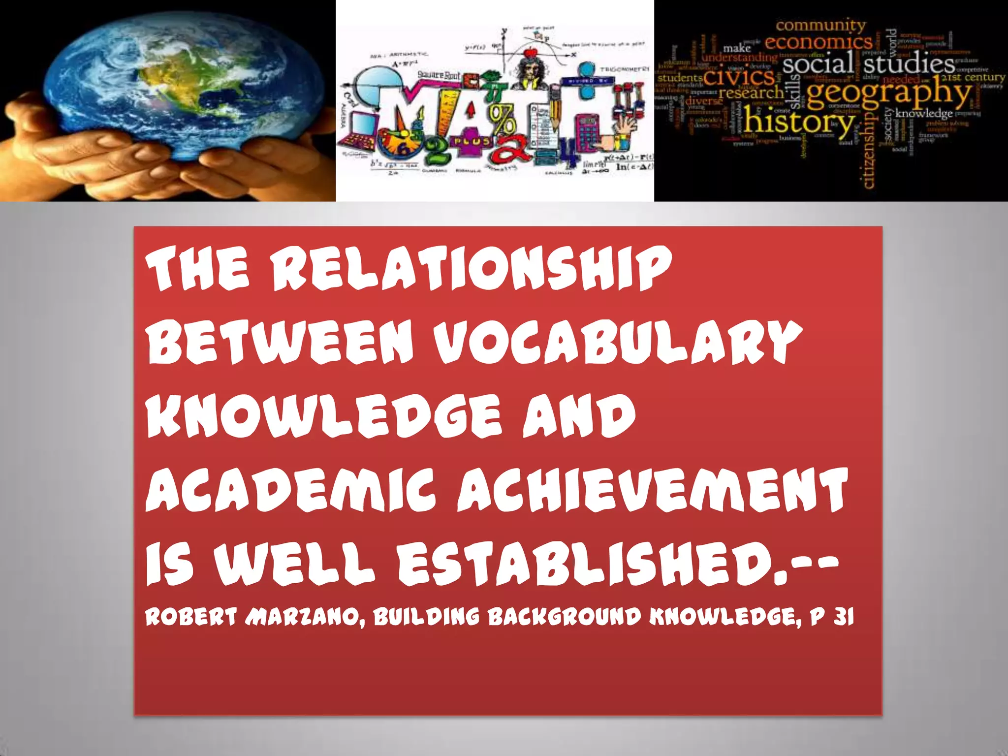The relationship
between vocabulary
knowledge and
academic achievement
is well established.--
Robert Marzano, Building Background Knowledge, p 31
 