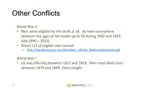 Other Conflicts
29
World War II
• Men were eligible for the draft at 18. So men somewhere
between the ages of 18 maybe up ...