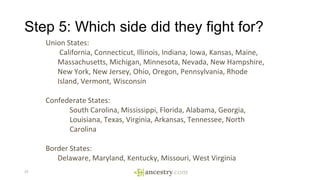 Step 5: Which side did they fight for?
37
Union States:
California, Connecticut, Illinois, Indiana, Iowa, Kansas, Maine,
M...