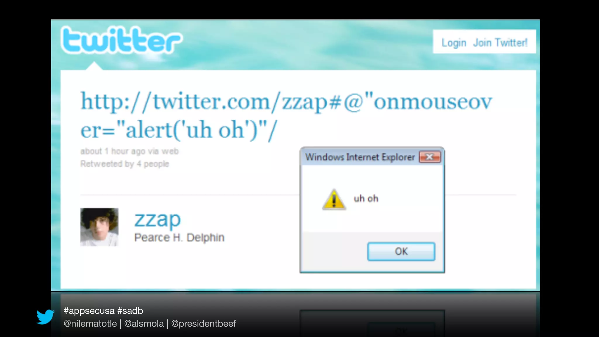 #appsecusa #sadb
@nilematotle | @alsmola | @presidentbeef
 