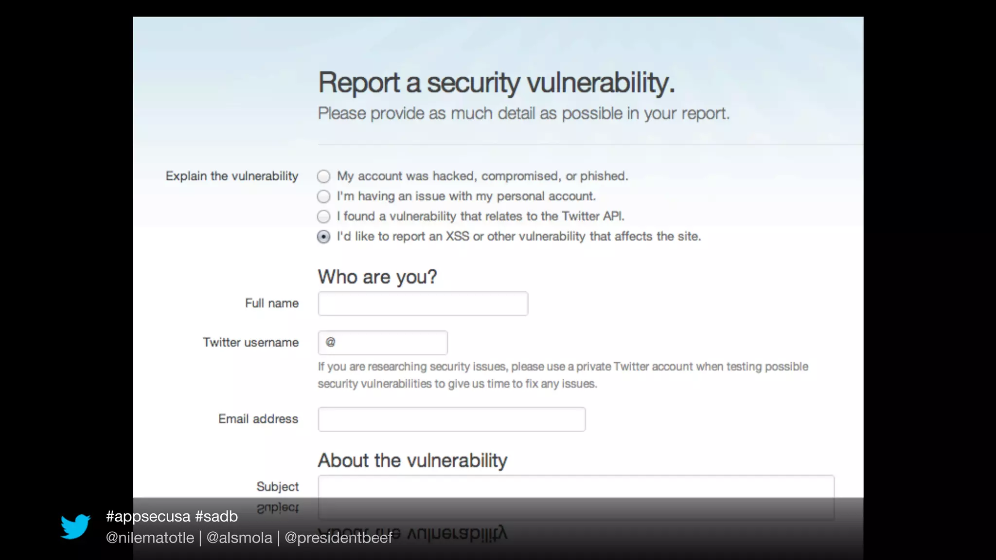 #appsecusa #sadb
@nilematotle | @alsmola | @presidentbeef
 