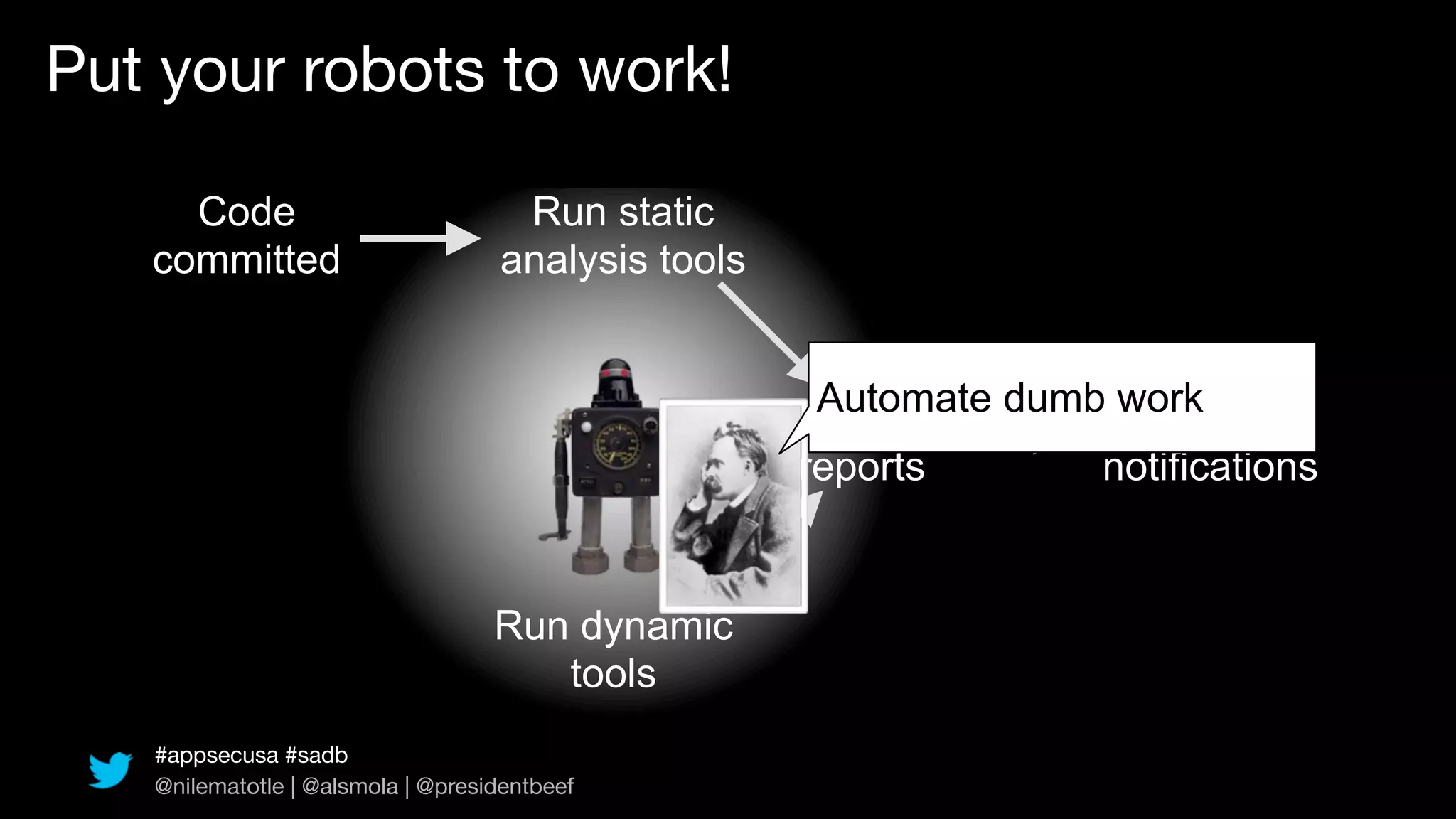 Put your robots to work!

     Code                           Run static
   committed                       analysis tools


                                                     Automate dumb work
                                                    Gather           Issue
                                                    reports       notifications


                                   Run dynamic
                                      tools
   #appsecusa #sadb
   @nilematotle | @alsmola | @presidentbeef
 