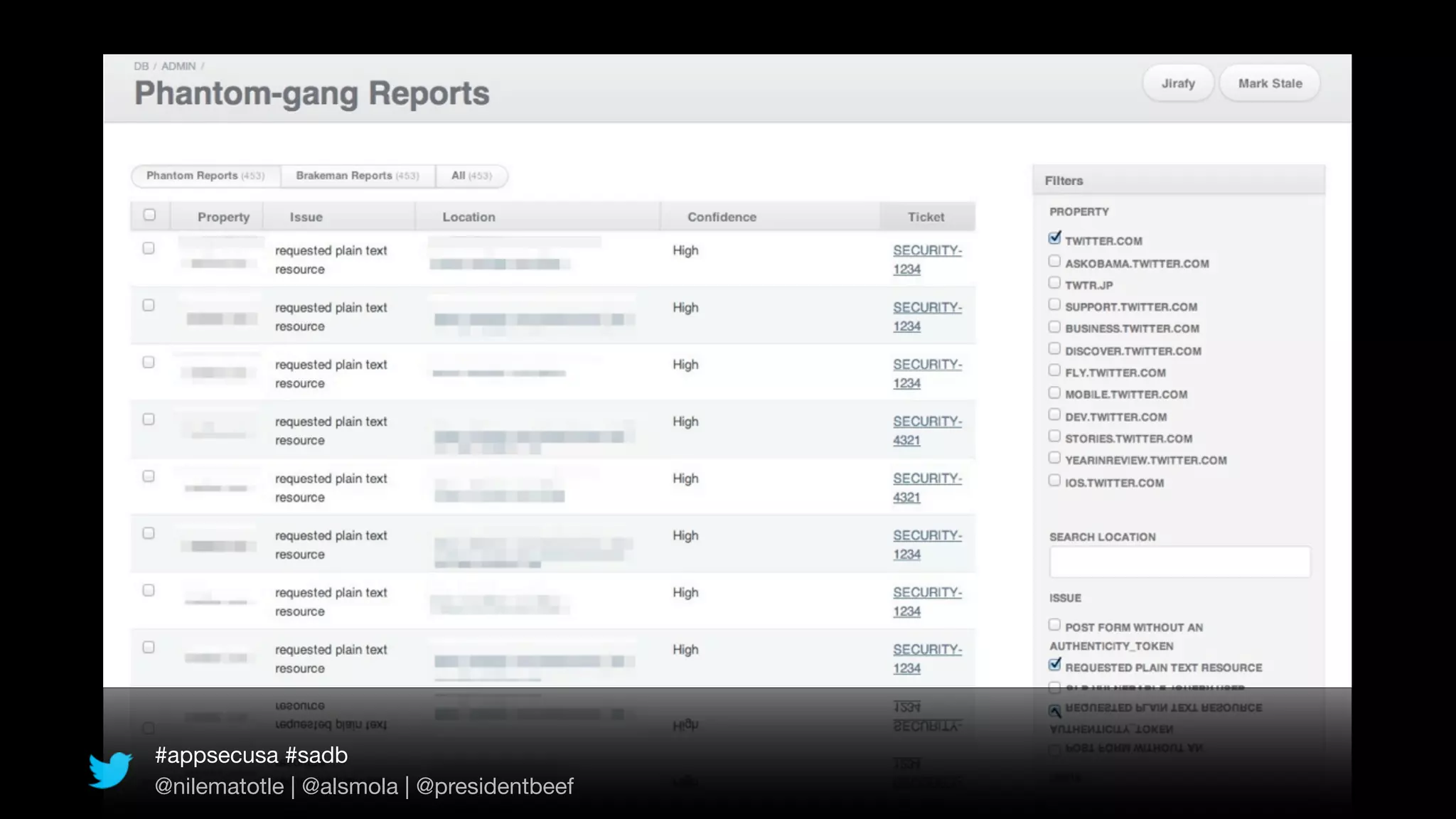 #appsecusa #sadb
@nilematotle | @alsmola | @presidentbeef
 