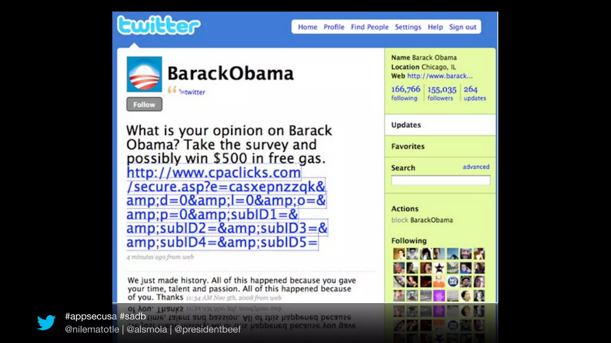 #appsecusa #sadb
@nilematotle | @alsmola | @presidentbeef
 