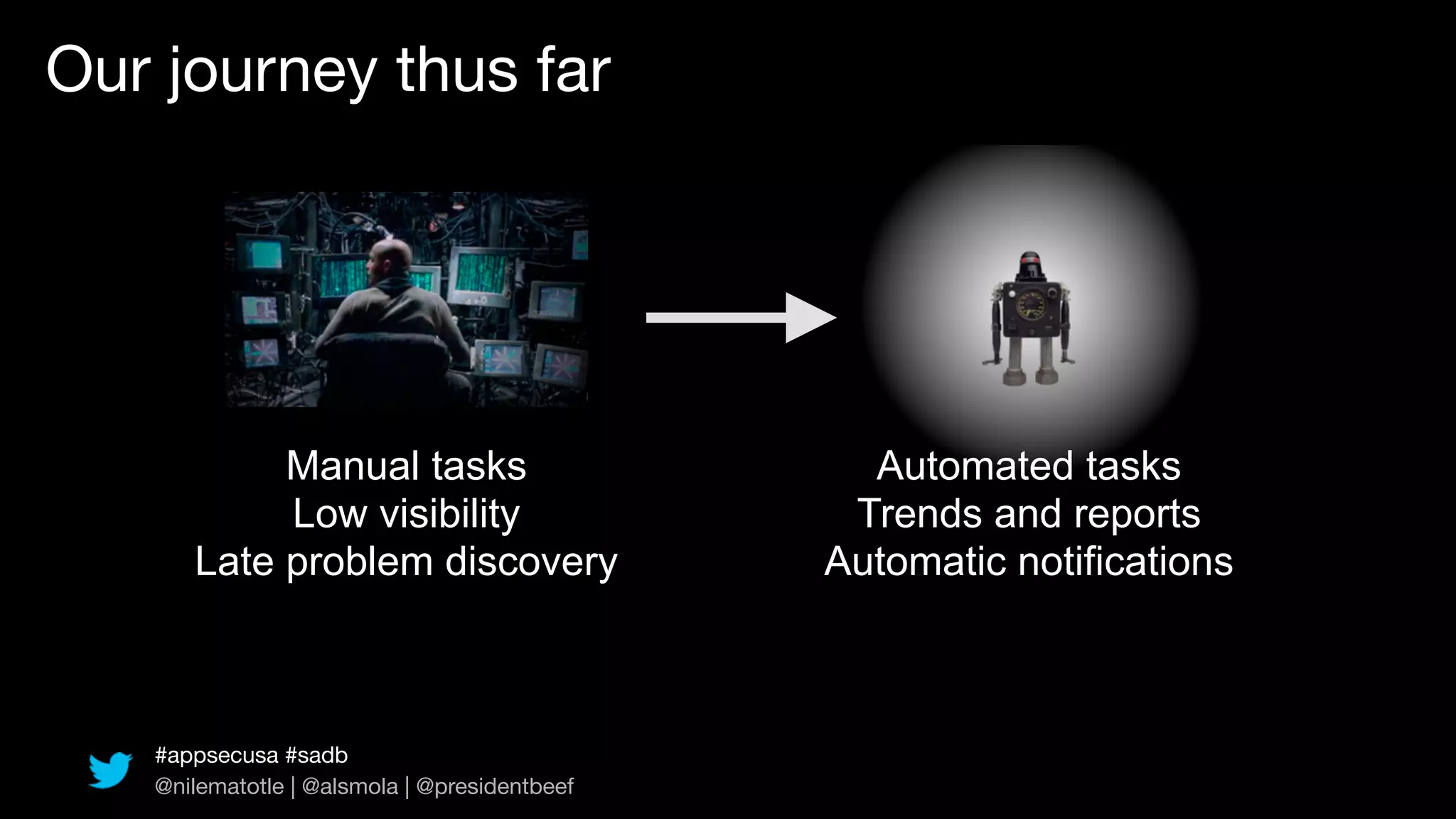 Our journey thus far




           Manual tasks                         Automated tasks
           Low visibility                      Trends and reports
      Late problem discovery                  Automatic notifications



   #appsecusa #sadb
   @nilematotle | @alsmola | @presidentbeef
 