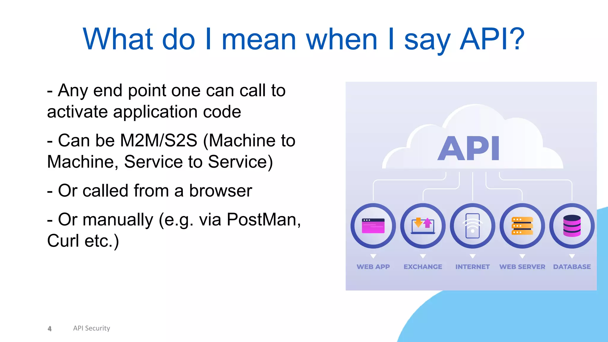 4 API Security
• - Any end point one can call to
activate application code
• - Can be M2M/S2S (Machine to
Machine, Service to Service)
• - Or called from a browser
• - Or manually (e.g. via PostMan,
Curl etc.)
What do I mean when I say API?
4
 