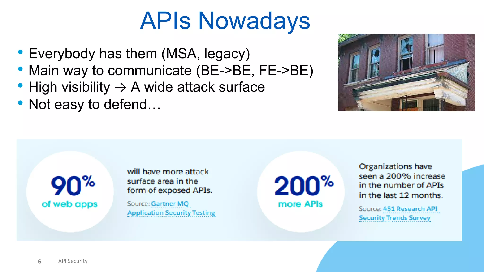 6 API Security
• Everybody has them (MSA, legacy)
• Main way to communicate (BE->BE, FE->BE)
• High visibility → A wide attack surface
• Not easy to defend…
APIs Nowadays
6
 