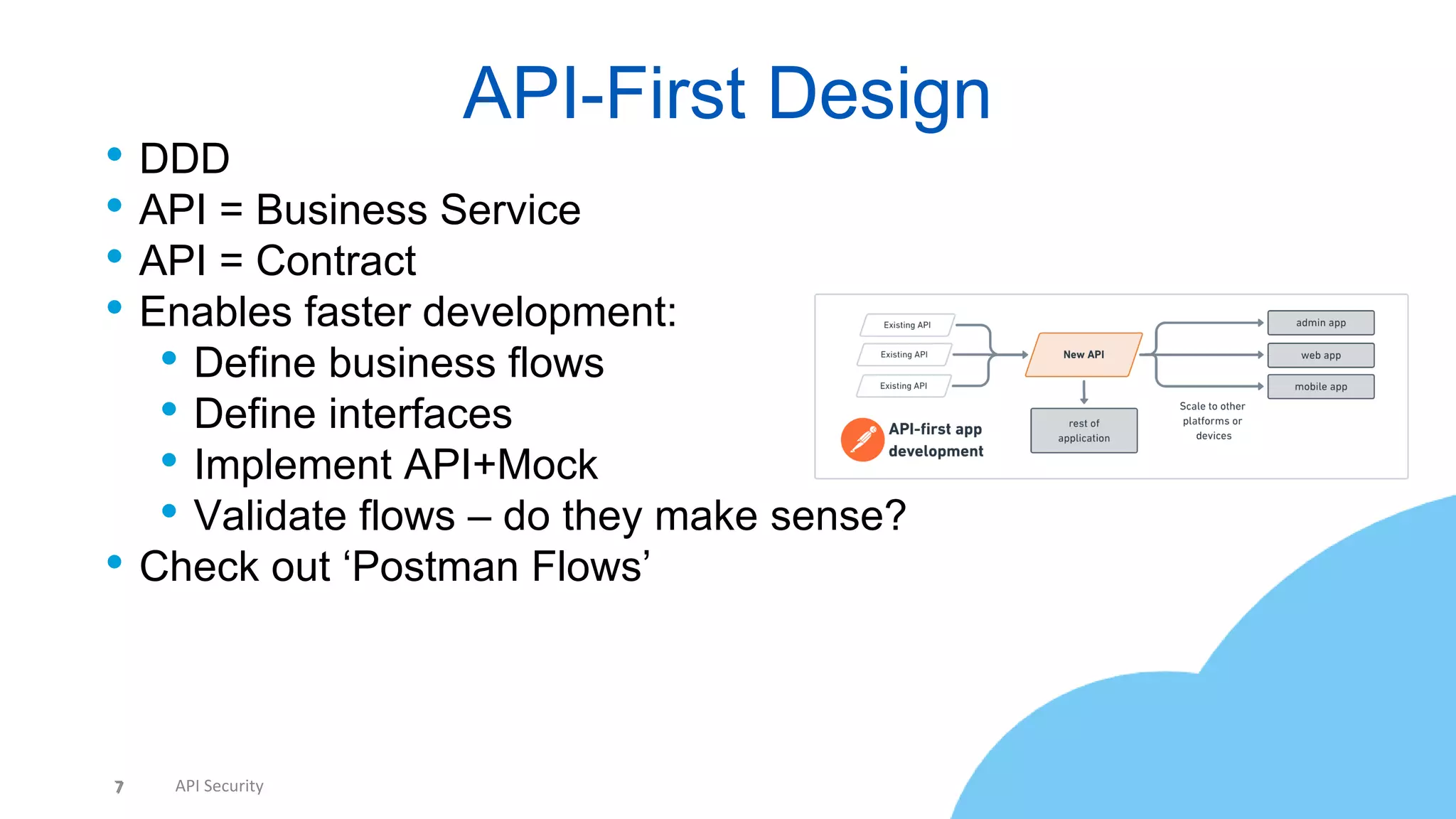 7 API Security
• DDD
• API = Business Service
• API = Contract
• Enables faster development:
• Define business flows
• Define interfaces
• Implement API+Mock
• Validate flows – do they make sense?
• Check out ‘Postman Flows’
API-First Design
7
 