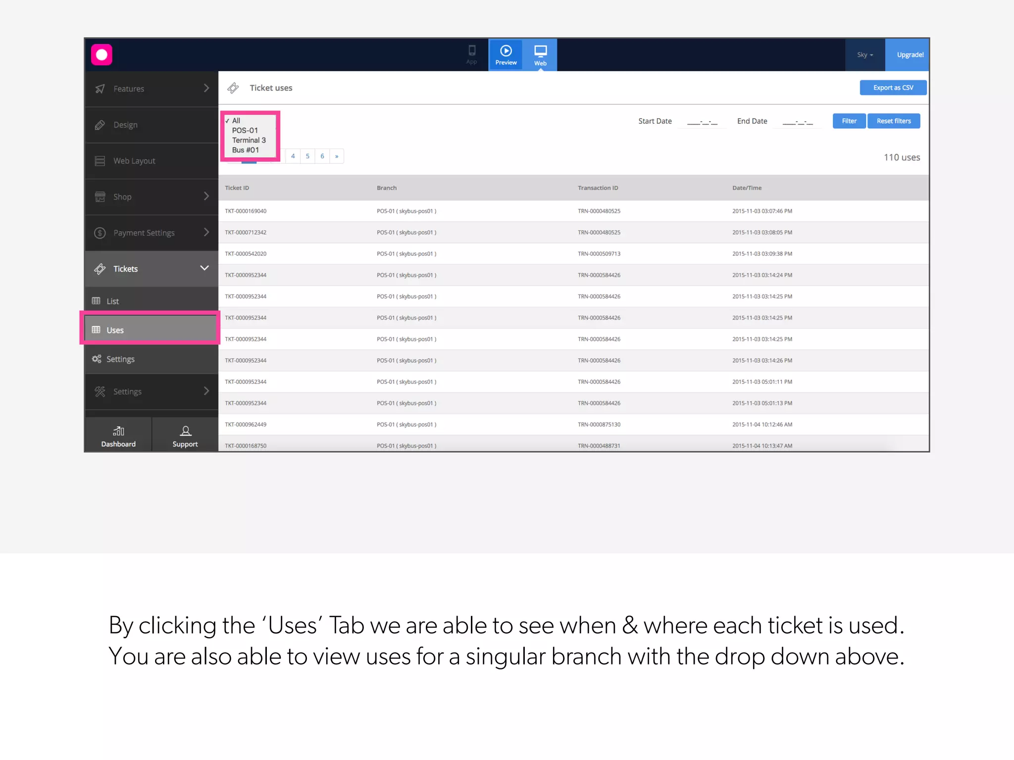 By clicking the ‘Uses’ Tab we are able to see when & where each ticket is used.
You are also able to view uses for a singular branch with the drop down above.
 