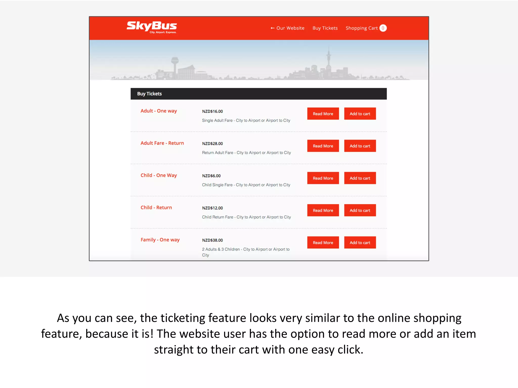  v
As	
  you	
  can	
  see,	
  the	
  ticketing	
  feature	
  looks	
  very	
  similar	
  to	
  the	
  online	
  shopping	
  
feature,	
  because	
  it	
  is!	
  The	
  website	
  user	
  has	
  the	
  option	
  to	
  read	
  more	
  or	
  add	
  an	
  item	
  
straight	
  to	
  their	
  cart	
  with	
  one	
  easy	
  click.
 