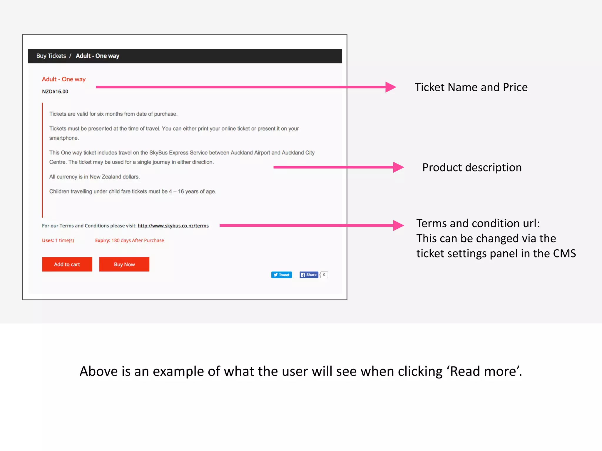  v
Above	
  is	
  an	
  example	
  of	
  what	
  the	
  user	
  will	
  see	
  when	
  clicking	
  ‘Read	
  more’.
Product	
  description
Terms	
  and	
  condition	
  url:	
  
This	
  can	
  be	
  changed	
  via	
  the	
  	
  
ticket	
  settings	
  panel	
  in	
  the	
  CMS
Ticket	
  Name	
  and	
  Price
 