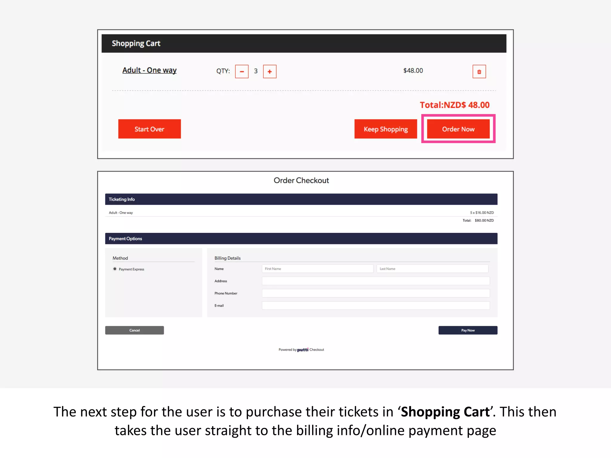  v
The	
  next	
  step	
  for	
  the	
  user	
  is	
  to	
  purchase	
  their	
  tickets	
  in	
  ‘Shopping	
  Cart’.	
  This	
  then	
  
takes	
  the	
  user	
  straight	
  to	
  the	
  billing	
  info/online	
  payment	
  page
 