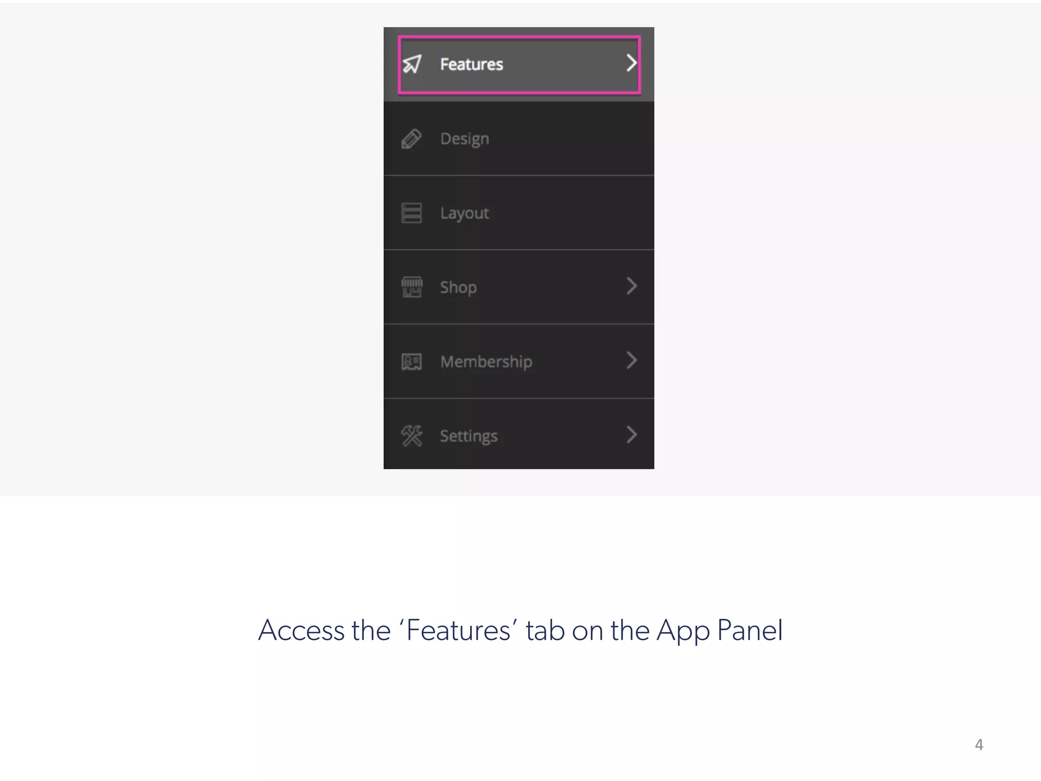 4
!
Access the ‘Features’ tab on the App Panel
 