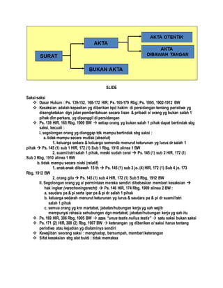 SLIDE
Saksi-saksi
 Dasar Hukum : Ps. 139-152, 168-172 HIR; Ps. 165-179 Rbg; Ps. 1895, 1902-1912 BW
 Kesaksian adalah kepastian yg diberikan kpd hakim di persidangan tentang peristiwa yg
disengketakan dgn jalan pemberitahuan secara lisan & pribadi o/ orang yg bukan salah 1
pihak dlm perkara, yg dipanggil di persidangan
 Ps. 139 HIR, 165 Rbg, 1909 BW  setiap orang yg bukan salah 1 pihak dapat bertindak sbg
saksi, kecuali :
I. segolongan orang yg dianggap tdk mampu bertindak sbg saksi :
a. tidak mampu secara mutlak (absolut)
1. keluarga sedara & keluarga semenda menurut keturunan yg lurus dr salah 1
pihak  Ps. 145 (1) sub 1 HIR, 172 (1) Sub 1 Rbg, 1910 alinea 1 BW
2. suami/istri salah 1 pihak, meski sudah cerai  Ps. 145 (1) sub 2 HIR, 172 (1)
Sub 3 Rbg, 1910 alinea 1 BW
b. tidak mampu secara nisbi (relatif)
1. anak-anak dibawah 15 th  Ps. 145 (1) sub 3 jo. (4) HIR, 172 (1) Sub 4 jo. 173
Rbg, 1912 BW
2. orang gila  Ps. 145 (1) sub 4 HIR, 172 (1) Sub 5 Rbg, 1912 BW
II. Segolongan orang yg a/ permintaan mereka sendiri dibebaskan memberi kesaksian 
hak ingkar (verschoningsrecht)  Ps. 146 HIR, 174 Rbg, 1909 alinea 2 BW :
a. saudara pa & pi serta ipar pa & pi dr salah 1 pihak
b. keluarga sedarah menurut keturunan yg lurus & saudara pa & pi dr suami/istri
salah 1 pihak
c. semua orang yg krn martabat, jabatan/hubungan kerja yg sah wajib
mempunyai rahasia sehubungan dgn martabat, jabatan/hubungan kerja yg sah itu
 Ps. 169 HIR, 306 Rbg, 1905 BW  azas “unus testis nullus testis”  satu saksi bukan saksi
 Ps. 171 (2) HIR, 308 (2) Rbg, 1907 BW  keterangan yg diberikan o/ saksi harus tentang
peristiwa atau kejadian yg dialaminya sendiri
 Kewajiban seorang saksi : menghadap, bersumpah, memberi keterangan
 Sifat kesaksian sbg alat bukti : tidak memaksa
 