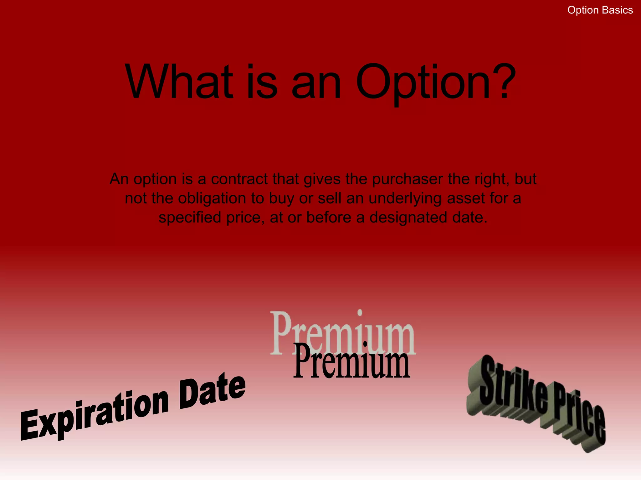 Option Basics
Selling
Puts vs. Calls
 