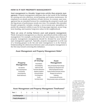 Introduc tion | 11



HOW IS IT NOT PROPERTY MANAGEMENT?
Asset management is a broader, longer-term activity than property man-
agement. Property management addresses day-to-day needs of the building
by carrying out rent collection, record keeping, and routine maintenance. Its
emphasis is on details and delivery of basic services. In contrast, asset man-
agement has an extended horizon for considering the property’s needs and
the big picture of performance trends over time. For example, this extended,
broader perspective includes creating a ten-to-twenty-year spreadsheet to
predict the property’s ability to pay for its long-range expenses, secure long-
term funding, and examine long-term values in the neighborhood.

There are areas of overlap between asset and property management.
Think of property management as a discrete, specialized activity within asset
management. For example, as discussed in the next chapter, your choices of
property management arrangements should be dictated by your broader
asset management approach. Typically, property management is at the top
of a housing group’s to-do list and asset management is at the bottom.
Understanding the distinctions between asset and property management is
the first step toward correcting this imbalance.

       Asset Management and Property Management Roles5


                                            Areas
                                         of Overlap                          Asset
         Property                            Tenant Relations
                                                                           Management
        Management                          Annual Budgeting        Hiring and Evaluating Property Manager
                Rent Collection            Capital Costs Study         Developing Asset Management Goals
            Day-to-Day Management       Preventative Maintenance        Refinancing/Disposition Decisions
                Record Keeping           Regulatory Compliance     Tracking Standards, Benchmarks, Indicators
              Financial Reporting         Community Relations              Managing Cash and Reserves
             Routine Maintenance           Crisis Management                       Fundraising
                                                  Security                Communicating with Investors
                                           Asset Value Increase    Hiring Accountant, Lawyers, and Contractors
                                                                                                                        5. Maria Gutierrez and
                                                                                                                     John Vogel, “Nuts and Bolts
                                                                                                                     of Asset Management,” Pre-
                                                                                                                     pared for the Local Initia-
                                                                                                                     tives Support Corporation,
                                                                                                                     June 1998, p. 4.
   Asset Management and Property Management Timeframes6                                                                 6. Jim Stockard and Bob
                                                                                                                     Engler, “A Guide to Com-
                                                                                                                     prehensive Asset and Prop-
 Years: 1            2          3   4           5                  10                        15                      erty Management: Manual
                                                                                                                     for Building Communities
   Asset Management                                                                                                  through Good Asset and
                                                                                                                     Property Management,”
   Property Management                                                                                               Second Edition, Local Ini-
                                                                                                                     tiatives Support Corpora-
                                                                                                                     tion,1997, p. 173.
 