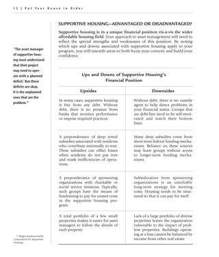 12 | Put Your House in Order



                               SUPPORTIVE HOUSING—ADVANTAGED OR DISADVANTAGED?
                               Supportive housing is in a unique financial position vis-à-vis the wider
                               affordable housing field. Your approach to asset management will need to
                               reflect the special strengths and weaknesses of this position. By noting
                               which ups and downs associated with supportive housing apply to your
 “The asset manager
                               program, you will unearth areas to both focus your concern and build your
of supportive hous-            confidence.
ing must understand
that their project
may need to oper-
ate with a ‘planned                         Ups and Downs of Supportive Housing’s
deficit.’ But these                                   Financial Position
deficits are okay.
It is the unplanned                         Upsides                                Downsides
ones that are the
                               In many cases, supportive housing        Without debt, there is no outside
problem.”7
                               is free from any debt. Without           agent to help detect problems in
                               debt, there is no pressure from          your financial status. Groups that
                               banks that monitor performance           are debt-free need to be self-moti-
                               or impose required practices.            vated and watch their bottom
                                                                        lines.


                               A preponderance of deep rental           Many deep subsidies come from
                               subsidies associated with residents      short-term federal funding mecha-
                               who contribute minimally to rent.        nisms. Reliance on these sources
                               These subsidies can offset losses        may leave groups without access
                               when residents do not pay rent           to longer-term funding mecha-
                               and mask inefficiencies of opera-        nisms.
                               tions.


                               A preponderance of sponsoring            Subsidization from sponsoring
                               organizations with charitable or         organizations is an unreliable
                               social service missions. Typically,      long-term strategy for meeting
                               such groups have the means of            costs. Housing needs to be struc-
                               fundraising to pay for unmet costs       tured so that it can pay for itself.
                               in the supportive housing pro-
                               gram.

                               A total portfolio of a few small         Lack of a large portfolio of diverse
                               properties makes it easier for asset     properties leaves the organization
                               managers to follow the details of        vulnerable to the impact of prob-
                               each property.                           lem properties. Buildings operat-
  7. Brigitt Jandreau-Smith,
                                                                        ing at a loss cannot be balanced by
Corporation for Supportive                                              income from other real estate.
Housing.
 