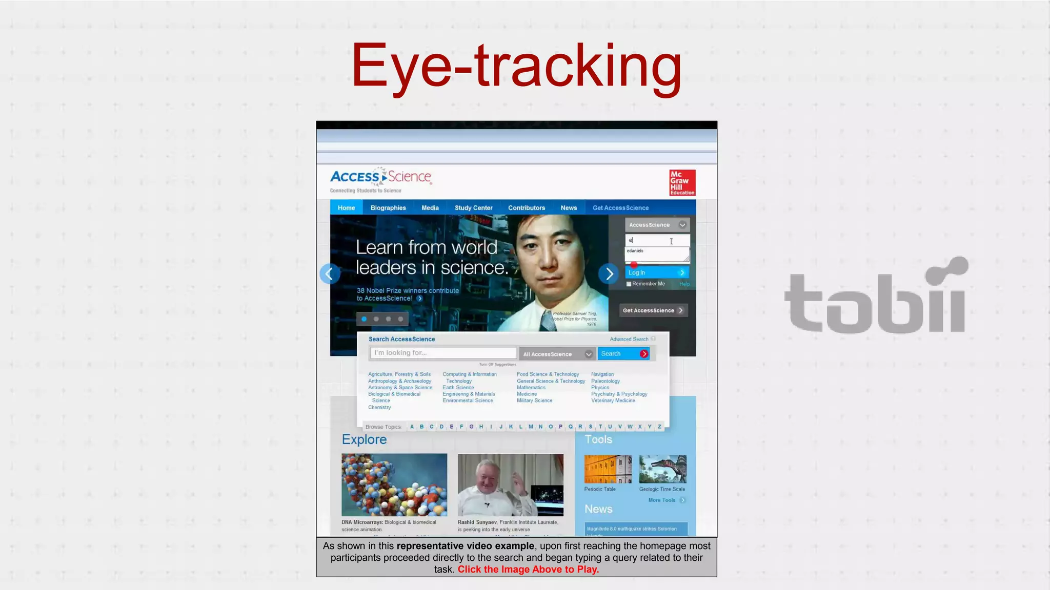 As shown in this representative video example, upon first reaching the homepage most
participants proceeded directly to the search and began typing a query related to their
task. Click the Image Above to Play.
Eye-tracking
 