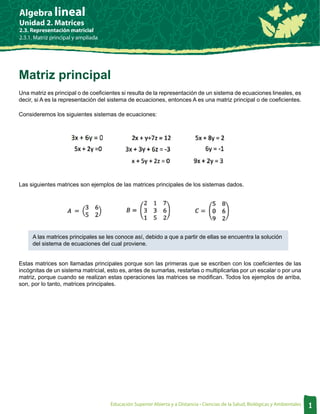 Algebra lineal
Unidad 2. Matrices
2.3. Representación matricial
2.3.1. Matriz principal y ampliada




Matriz principal
Una matriz es principal o de coeficientes si resulta de la representación de un sistema de ecuaciones lineales, es
decir, si A es la representación del sistema de ecuaciones, entonces A es una matriz principal o de coeficientes.

Consideremos los siguientes sistemas de ecuaciones:




Las siguientes matrices son ejemplos de las matrices principales de los sistemas dados.




     A las matrices principales se les conoce así, debido a que a partir de ellas se encuentra la solución
     del sistema de ecuaciones del cual proviene.


Estas matrices son llamadas principales porque son las primeras que se escriben con los coeficientes de las
incógnitas de un sistema matricial, esto es, antes de sumarlas, restarlas o multiplicarlas por un escalar o por una
matriz, porque cuando se realizan estas operaciones las matrices se modifican. Todos los ejemplos de arriba,
son, por lo tanto, matrices principales.




                                     Educación Superior Abierta y a Distancia • Ciencias de la Salud, Biológicas y Ambientales   1
 