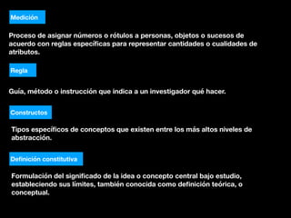Proceso de asignar números o rótulos a personas, objetos o sucesos de
acuerdo con reglas especíﬁcas para representar cantidades o cualidades de
atributos.
Medición
Regla
Guía, método o instrucción que indica a un investigador qué hacer.
Constructos
Tipos especíﬁcos de conceptos que existen entre los más altos niveles de
abstracción.
Deﬁnición constitutiva
Formulación del signiﬁcado de la idea o concepto central bajo estudio,
estableciendo sus límites, también conocida como deﬁnición teórica, o
conceptual.
 