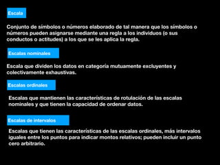 Conjunto de símbolos o números elaborado de tal manera que los símbolos o
números pueden asignarse mediante una regla a los individuos (o sus
conductos o actitudes) a los que se les aplica la regla.
Escala
Escalas nominales
Escala que dividen los datos en categoría mutuamente excluyentes y
colectivamente exhaustivas.
Escalas ordinales
Escalas que mantienen las características de rotulación de las escalas
nominales y que tienen la capacidad de ordenar datos.
Escalas de intervalos
Escalas que tienen las características de las escalas ordinales, más intervalos
iguales entre los puntos para indicar montos relativos; pueden incluir un punto
cero arbitrario.
 