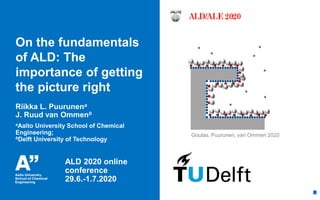 Puurunen & Van Ommen, ALD 2020 online conference 29.6.-1.7.2020, pre-recorded poster talk (18.6.2020)
Riikka L. Puurunena
J. Ruud van Ommenb
aAalto University School of Chemical
Engineering;
bDelft University of Technology
On the fundamentals
of ALD: The
importance of getting
the picture right
ALD 2020 online
conference
29.6.-1.7.2020
Goulas, Puurunen, van Ommen 2020
 