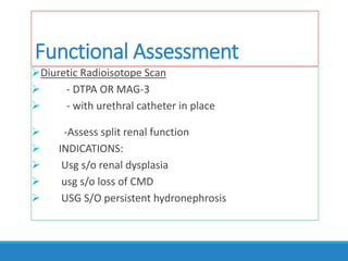 Functional Assessment
Diuretic Radioisotope Scan
 - DTPA OR MAG-3
 - with urethral catheter in place
 -Assess split renal function
 INDICATIONS:
 Usg s/o renal dysplasia
 usg s/o loss of CMD
 USG S/O persistent hydronephrosis
 