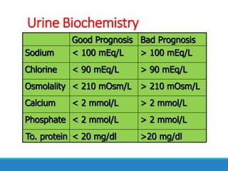 Urine Biochemistry
Good Prognosis Bad Prognosis
Sodium < 100 mEq/L > 100 mEq/L
Chlorine < 90 mEq/L > 90 mEq/L
Osmolality < 210 mOsm/L > 210 mOsm/L
Calcium < 2 mmol/L > 2 mmol/L
Phosphate < 2 mmol/L > 2 mmol/L
To. protein < 20 mg/dl >20 mg/dl
 