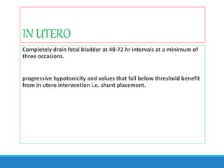 IN UTERO
Completely drain fetal bladder at 48-72 hr intervals at a minimum of
three occasions.
progressive hypotonicity and values that fall below threshold benefit
from in utero intervention i.e. shunt placement.
 