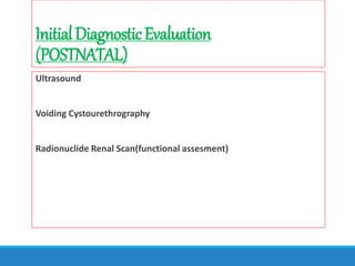 InitialDiagnosticEvaluation
(POSTNATAL)
Ultrasound
Voiding Cystourethrography
Radionuclide Renal Scan(functional assesment)
 