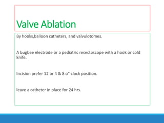 Valve Ablation
By hooks,balloon catheters, and valvulotomes.
A bugbee electrode or a pediatric resectoscope with a hook or cold
knife.
Incision prefer 12 or 4 & 8 o” clock position.
leave a catheter in place for 24 hrs.
 