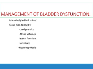 MANAGEMENT OF BLADDER DYSFUNCTION.
Intensively individualized
Close monitoring by
-Urodynamics
- Urine volumes
- Renal function
-Infections
-Hydronephrosis
 