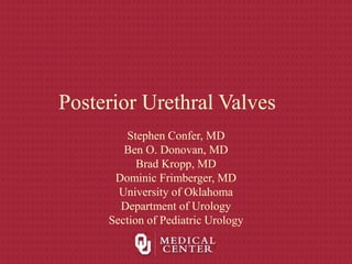 Posterior Urethral Valves
Stephen Confer, MD
Ben O. Donovan, MD
Brad Kropp, MD
Dominic Frimberger, MD
University of Oklahoma
Department of Urology
Section of Pediatric Urology
 