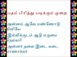 பதம் பிரிதத படககம் மைற
அன்னம் ஆவேவே மண்ணேணரடு
கிளிேய
இல்லிககடம் ஆவடு எருமைம
ெநெய்யரி
அன்னர் தைலை இைட கைட
மரணரககர்
 