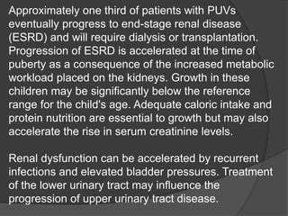 Approximately one third of patients with PUVs
eventually progress to end-stage renal disease
(ESRD) and will require dialysis or transplantation.
Progression of ESRD is accelerated at the time of
puberty as a consequence of the increased metabolic
workload placed on the kidneys. Growth in these
children may be significantly below the reference
range for the child's age. Adequate caloric intake and
protein nutrition are essential to growth but may also
accelerate the rise in serum creatinine levels.
Renal dysfunction can be accelerated by recurrent
infections and elevated bladder pressures. Treatment
of the lower urinary tract may influence the
progression of upper urinary tract disease.
 