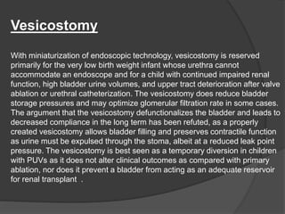 Vesicostomy
With miniaturization of endoscopic technology, vesicostomy is reserved
primarily for the very low birth weight infant whose urethra cannot
accommodate an endoscope and for a child with continued impaired renal
function, high bladder urine volumes, and upper tract deterioration after valve
ablation or urethral catheterization. The vesicostomy does reduce bladder
storage pressures and may optimize glomerular filtration rate in some cases.
The argument that the vesicostomy defunctionalizes the bladder and leads to
decreased compliance in the long term has been refuted, as a properly
created vesicostomy allows bladder filling and preserves contractile function
as urine must be expulsed through the stoma, albeit at a reduced leak point
pressure. The vesicostomy is best seen as a temporary diversion in children
with PUVs as it does not alter clinical outcomes as compared with primary
ablation, nor does it prevent a bladder from acting as an adequate reservoir
for renal transplant .
 