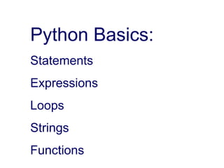 Python Basics:
Statements
Expressions
Loops
Strings
Functions
 