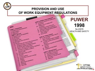 PROVISION AND USE
OF WORK EQUIPMENT REGULATIONS

                         PUWER
                          1998
                              No.23076
                         HEALTH AND SAFETY
 