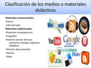 Clasificación de los medios o materiales
didácticos
Materiales convencionales :
-Pizarra
-Libro de texto
Materiales audiovisuales:
-Proyector y transparencia
-Fotografía
-Material sonoro: Músicas
,canciones, dialogo, programa
radiófono.
-Películas documentales:
-Película
-Video
 